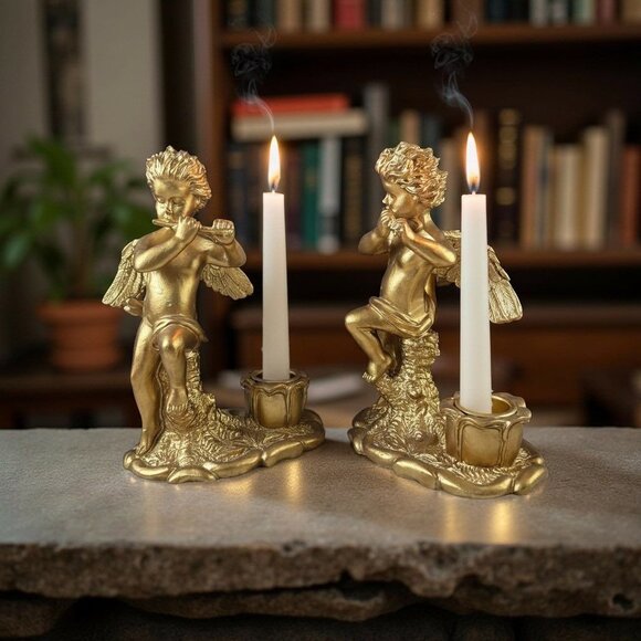 Unbranded Other - Vintage Gold Angel Candle Holders With Wings & Flute Design 6" X 4" Resin Taper